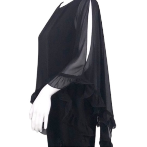 XSCAPE Black Ruffle edge sheer cape mini dress . - Picture 8 of 13